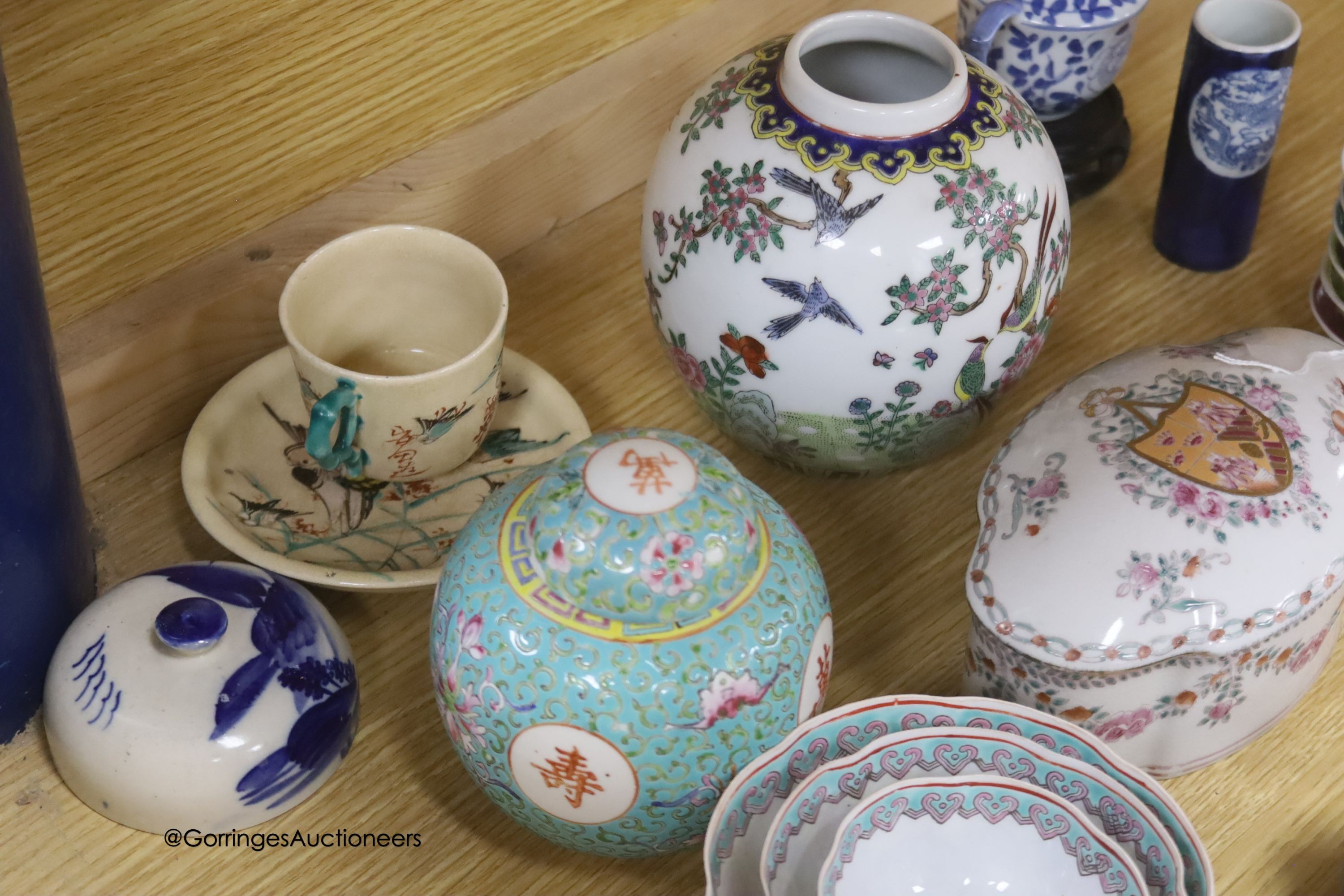 A group of Chinese porcelain figures, dishes, vases, etc. and a brass box